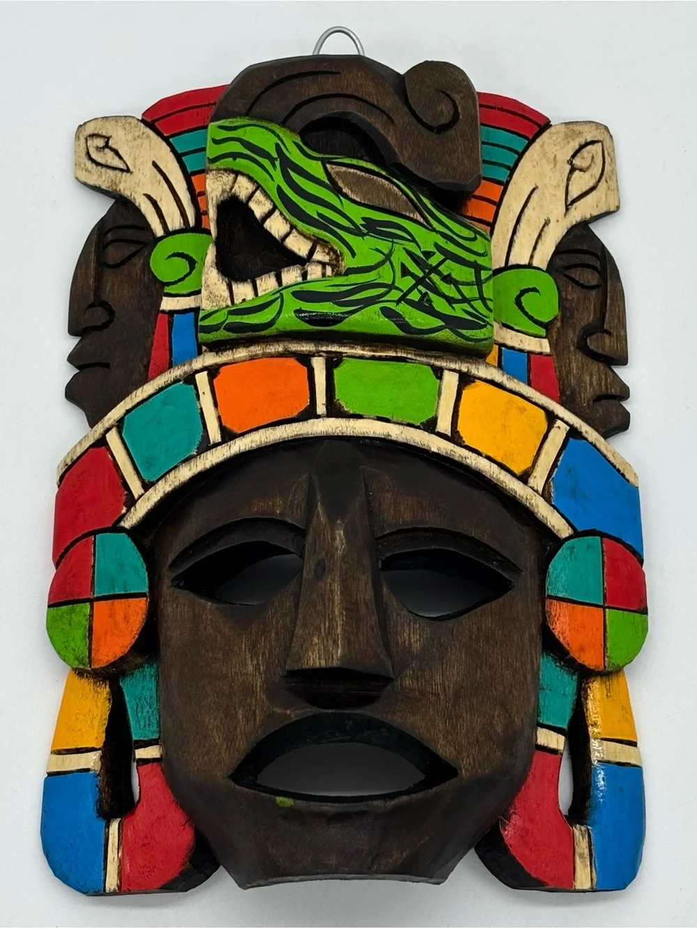 Hand Carved Wooden Mexican Mayan Face Mask Painted 3D Folk Art Wall Hanging Deco